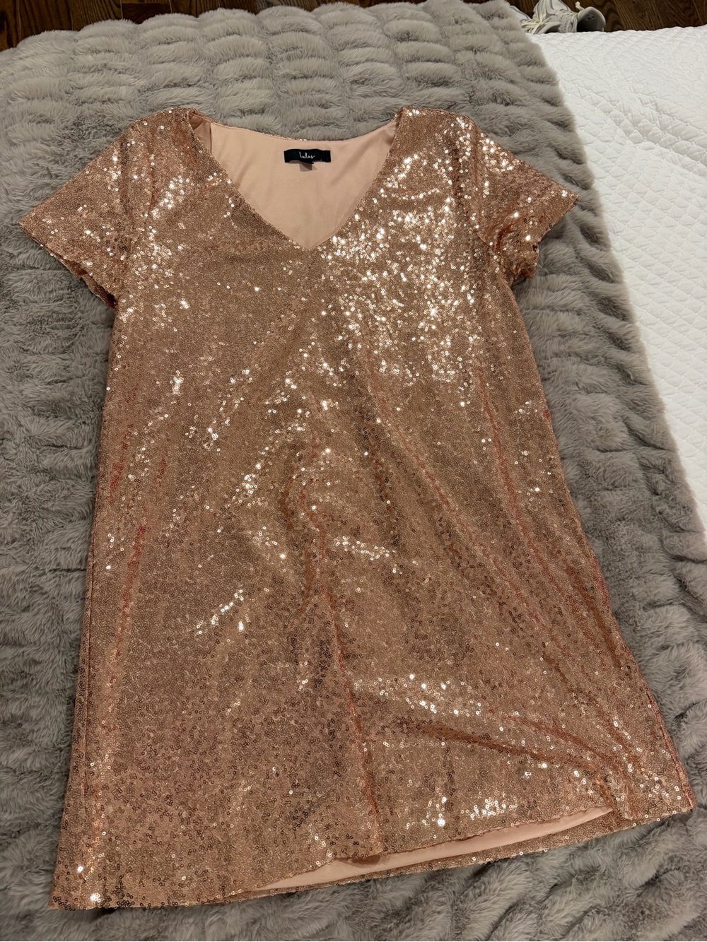 Lulu's Rose Gold Sequin Trim Scoop Neck Top